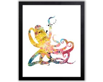 Octopus Art - Octopus Print - Nautical Decor - Nautical Bathroom - Nautical Nursery Watercolor Wall Art - NA011