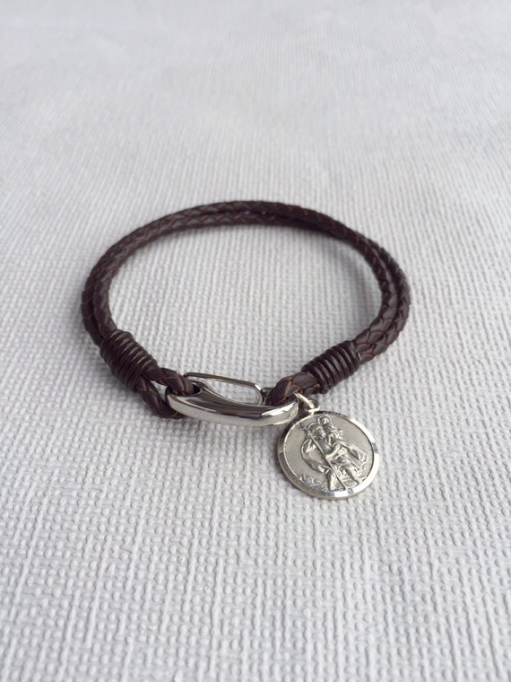 Men's Leather Bracelet St Christopher Charm By Myloveandsoul