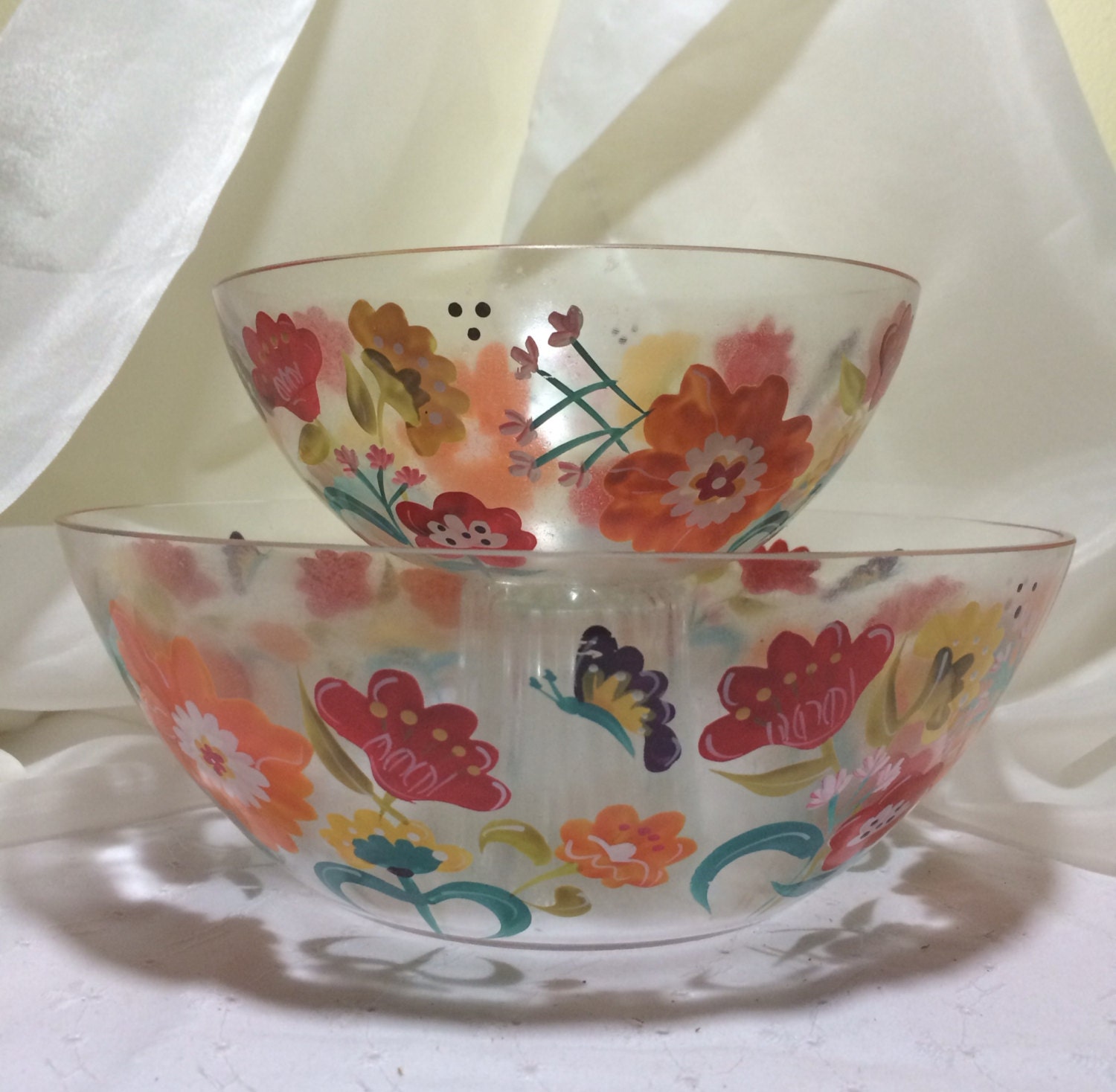 Set of 2 Hand painted Clear Glass Flower Bowls