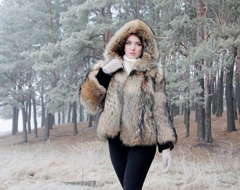 Real raccoon fur jacket/ fur coat