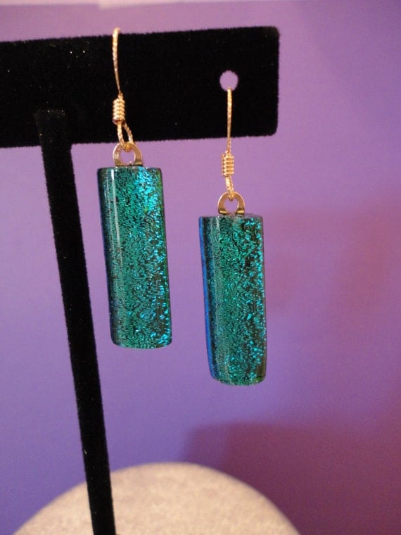 Dichroic fused glass teal earrings with gold tone ear wires