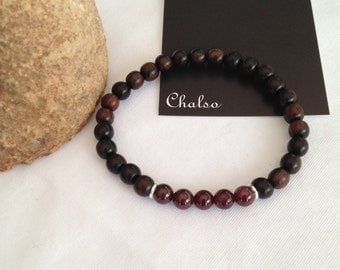 Tiger Ebony and Garnet bracelet, tiger ebony bracelet, wooden unisex bracelet, January birthstone bracelet, gift for her or for him, wood