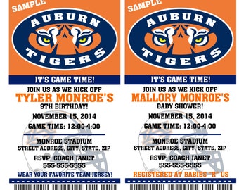Printable Auburn Tigers College Football Birthday Party Invitation NCAA Ticket Invitation Baby Shower Invitations
