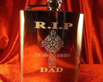 R.I.P DAD Personalized flask - Laser engraved gifts - Custom engraved 6 oz hip flask - Gifts & Mementos