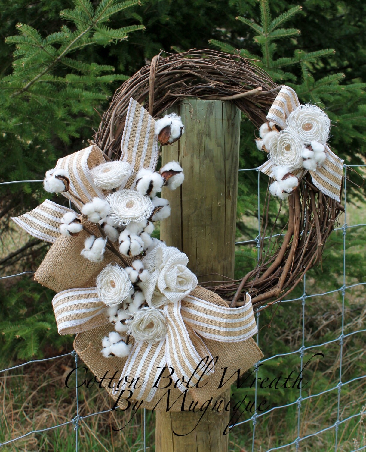 Handcrafted Cotton Boll Wreath Natural Burlap Wreath by Mugnique