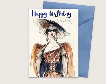 Printable birthday card fashion girl typography watercolour