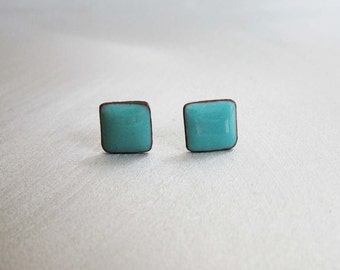 Robin's Egg Blue Enamel Mini Square Stud Post Earrings, Kiln-fired Glass Enamel and Sterling Silver, 7mm Square Post Stud Earrings