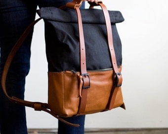 Leather and Waxed Canvas Backpack- The ACE Backpack in Caramel Tan and Black by Awl Snap