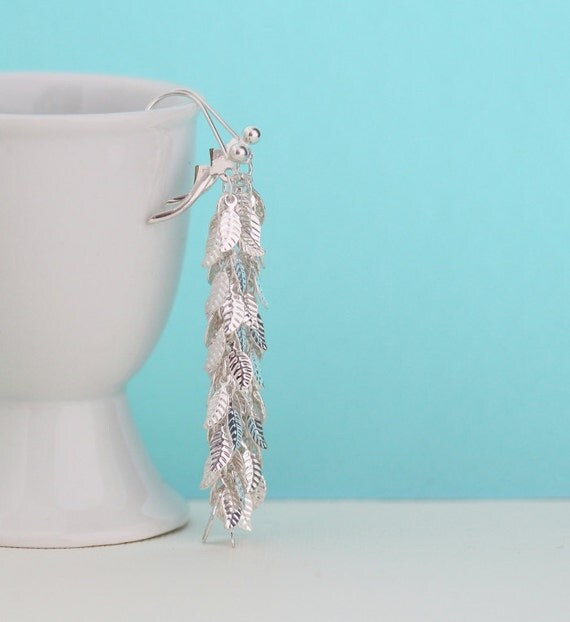 Silver Leaf Dangle Earrings Long Earrings by JacarandaDesigns