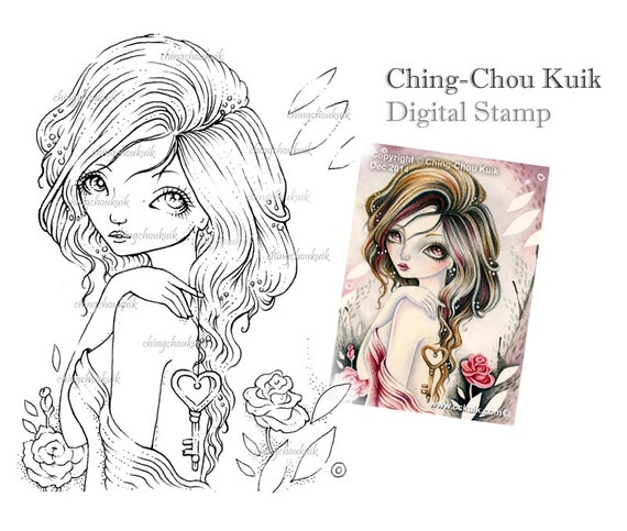Key To My Heart- Digital Stamp Instant Download / LOVE Key Rose Valentine Fairy Girl by Ching-Chou Kuik