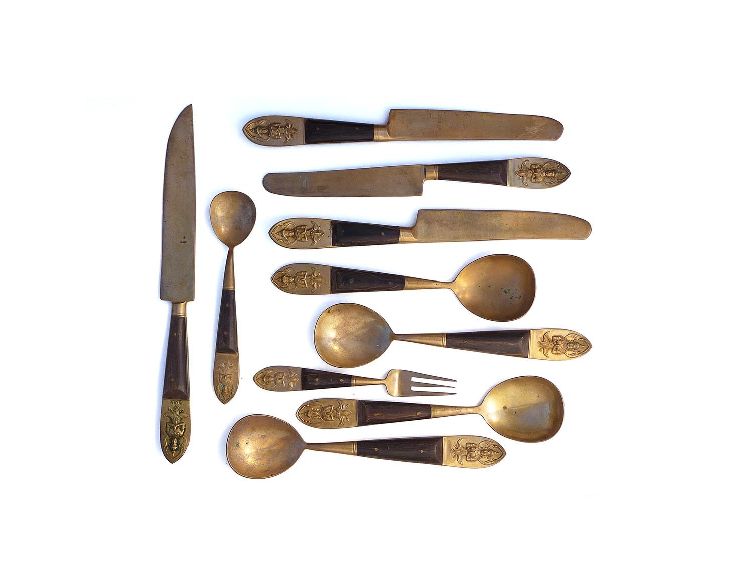 SIAM Thailand Brass & Teak Wood Flatware by seasidecollectibles