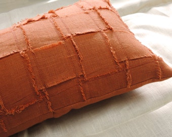Woven texture fringed linen decorative pillow cover burnt orange rustic modern home decor