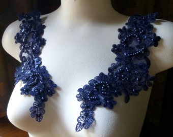 Navy Blue Lace Applique Beaded Lace PAIR for Lyrical Dance, Ballroom Dance, Costumes, Bridal PR 612mb