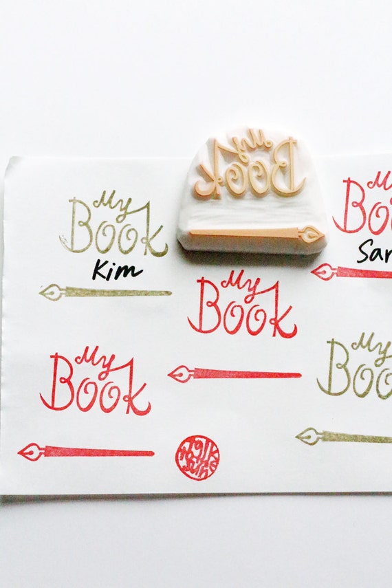 my book stamp. personalized bookplate stamp. calligraphy pen