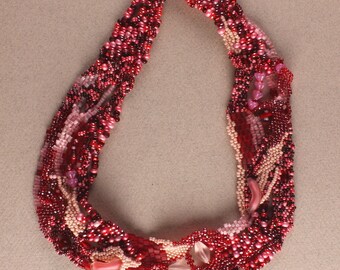 Pink and Red Beadwork Necklace Freeform Peyote Stitch Necklace