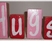 Valentine Hugs Blocks Wood Set Pink And Red With Glitter