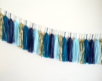 Ocean Gold Tassel Garland // gold // blue // sky-blue // ocean // midnight blue // event decor // wedding // party // nursery //