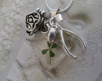 4 Leaf Clover Heart Pendant-Real 4 Leaf Clover,Wish Box, Wishbone Charm-Lucky In Love-Gifts Under 35-Symbolizes Love, Luck, Hope & Faith