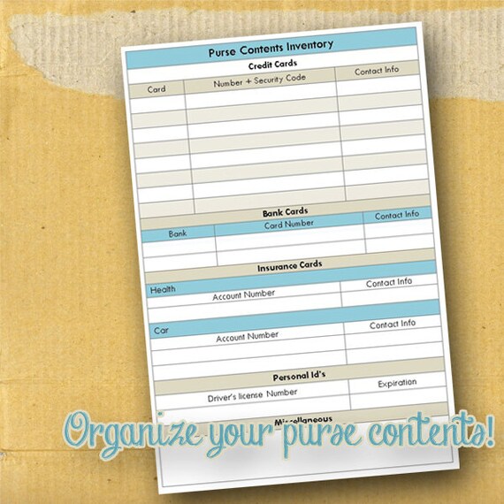 Purse Contents Inventory / Planner Page / Form / DIY