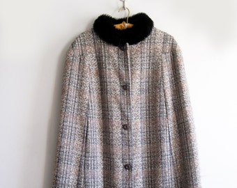 1970s Plaid Cape Faux Fur Collar, SALE