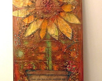 Sunflower quote on textured canvas art Helen Keller 3D mixed media ...