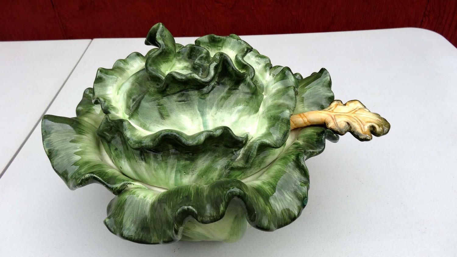 Extra Large Soup Tureen Porcelain Cabbage with Ladle Green