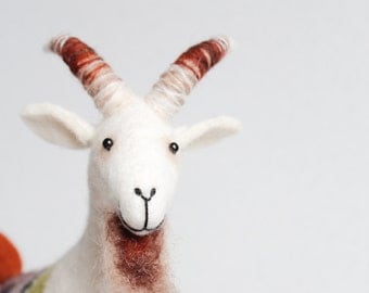 Felt Goat - Friedrich. Felted Animal, Art Toy Marionette for kids, Simple Puppet, Stuffed soft plush Animals. white, red green.