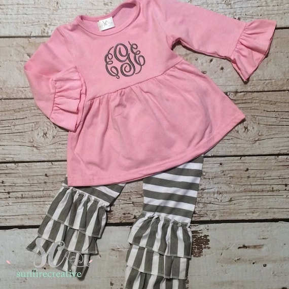 Ruffle Pants Set Pink Gray Girls Clothing Birthday Outfit