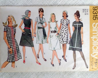 Vintage sewing pattern Simplicity 9315 dress shift dress princess seams Mod high neck sleeveless Bust 38 A line stewardess 1970s