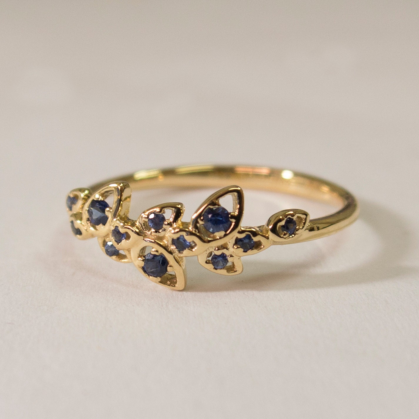 Leaves Engagement Ring 14K Gold and Sapphires engagement