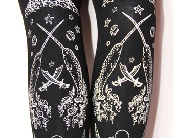 Tattoo Tights Narwhals Pirate Small Medium White on Black Women Nautical Lolita Goth Fashion Steampunk Victorian