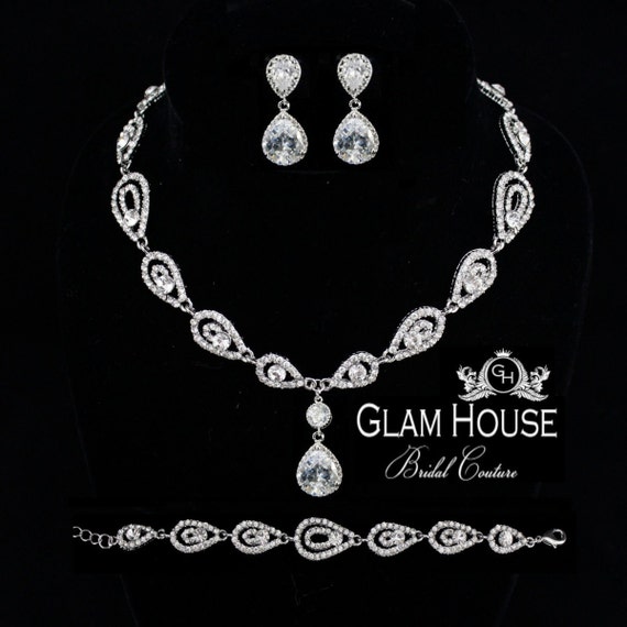 Art Deco Bridal Jewelry Set Wedding necklace set zirconia