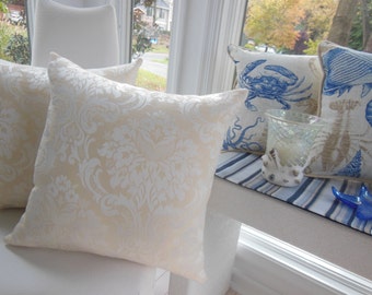 Large Damask Ivory Designer Pillow - Damask Ivory Creme Decorative Pillow - 20 x 20 Inch Reversible Pillow - Linen Home Decor Fabric