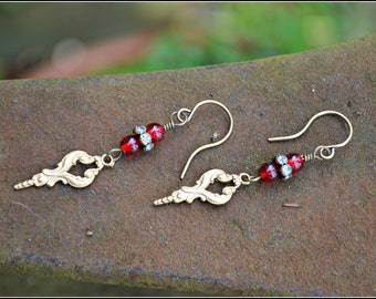 red glass and rhinestone earrings with brass charms delicate handmade earrings