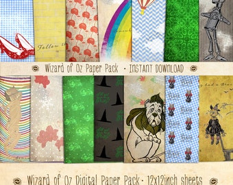 Wizard of Oz Paper Pack 14 Digital Sheets - INSTANT DOWNLOAD - Ruby Slippers, Scarecrow, Scrapbooking Card Making Birthday Party Decoration