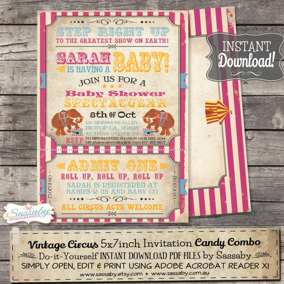 Vintage Circus Baby Shower Invitation - INSTANT DOWNLOAD - Candy Combo Editable & Printable File by Sassaby Il_570xn