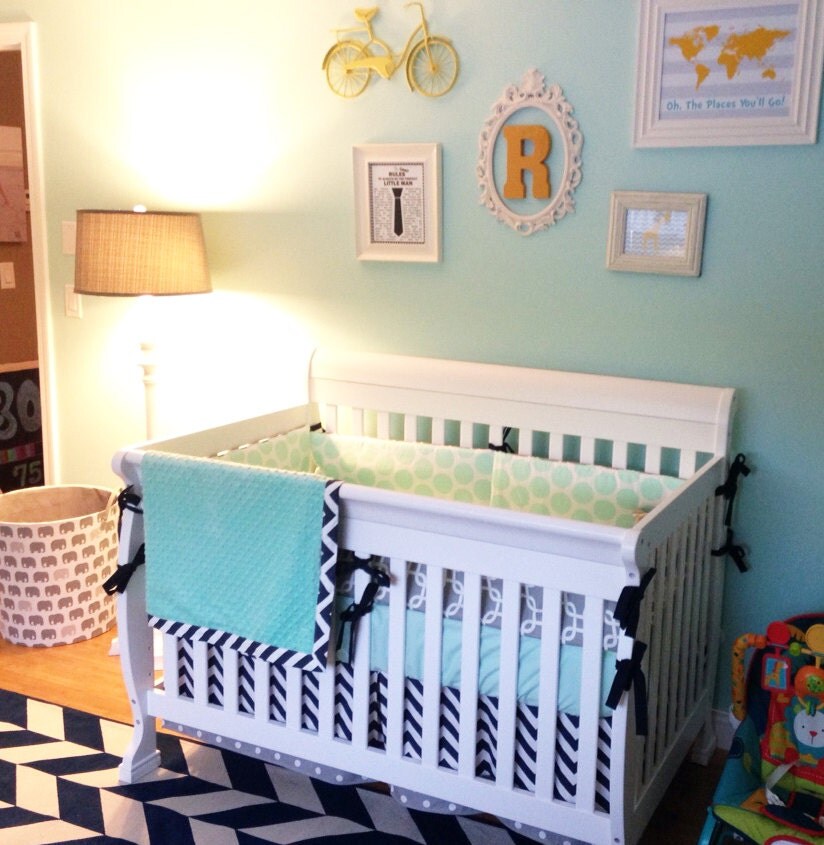 Mint Gray Navy Blue Crib Bedding Set Nursery Bedding