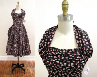 Vintage 1950s Dress | Black and Pink Floral Print Halter Style 1950s Sundress | petite xs - small | 5D002