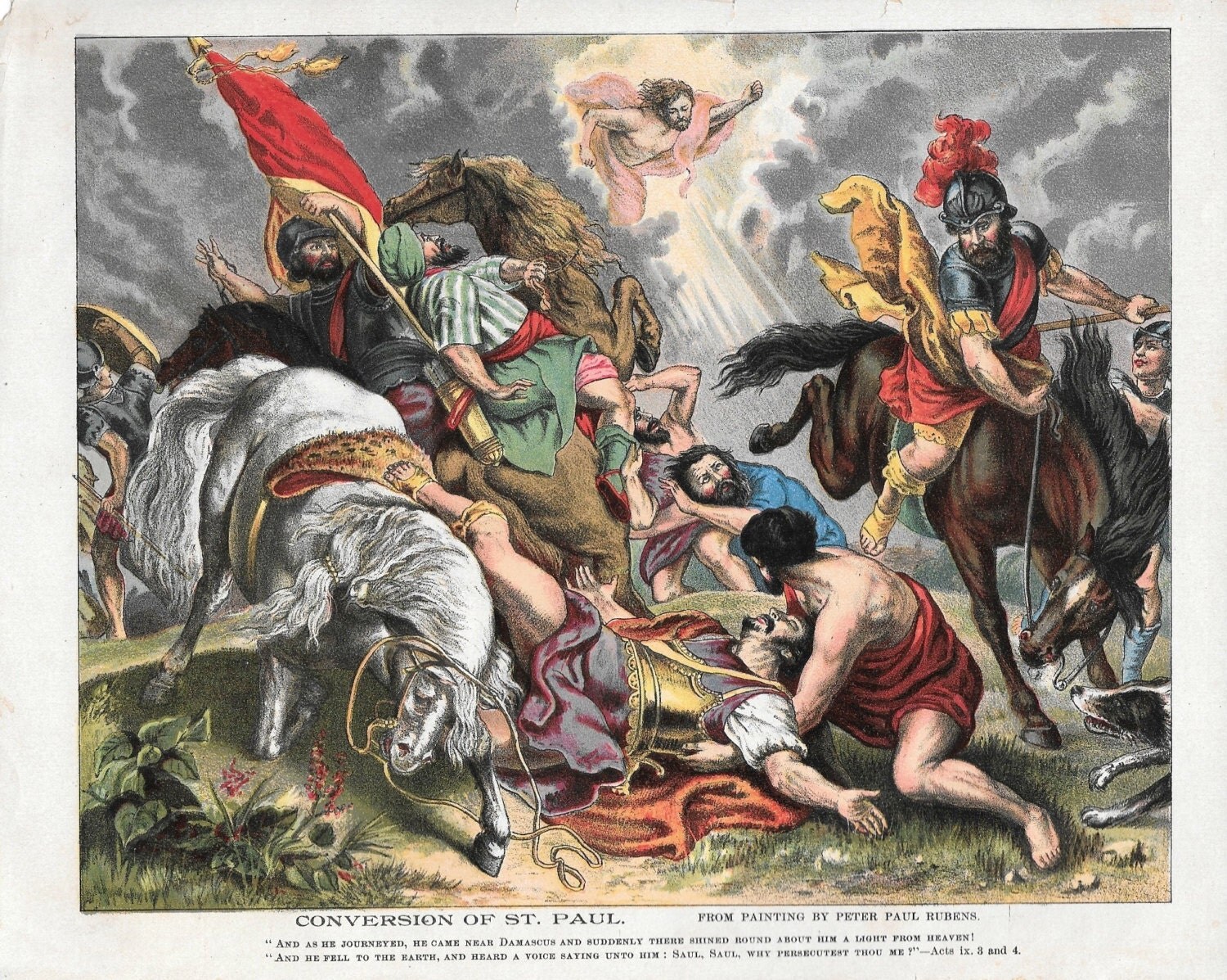 Antique Bible Story Print Paul Conversion Horses Battle Roman