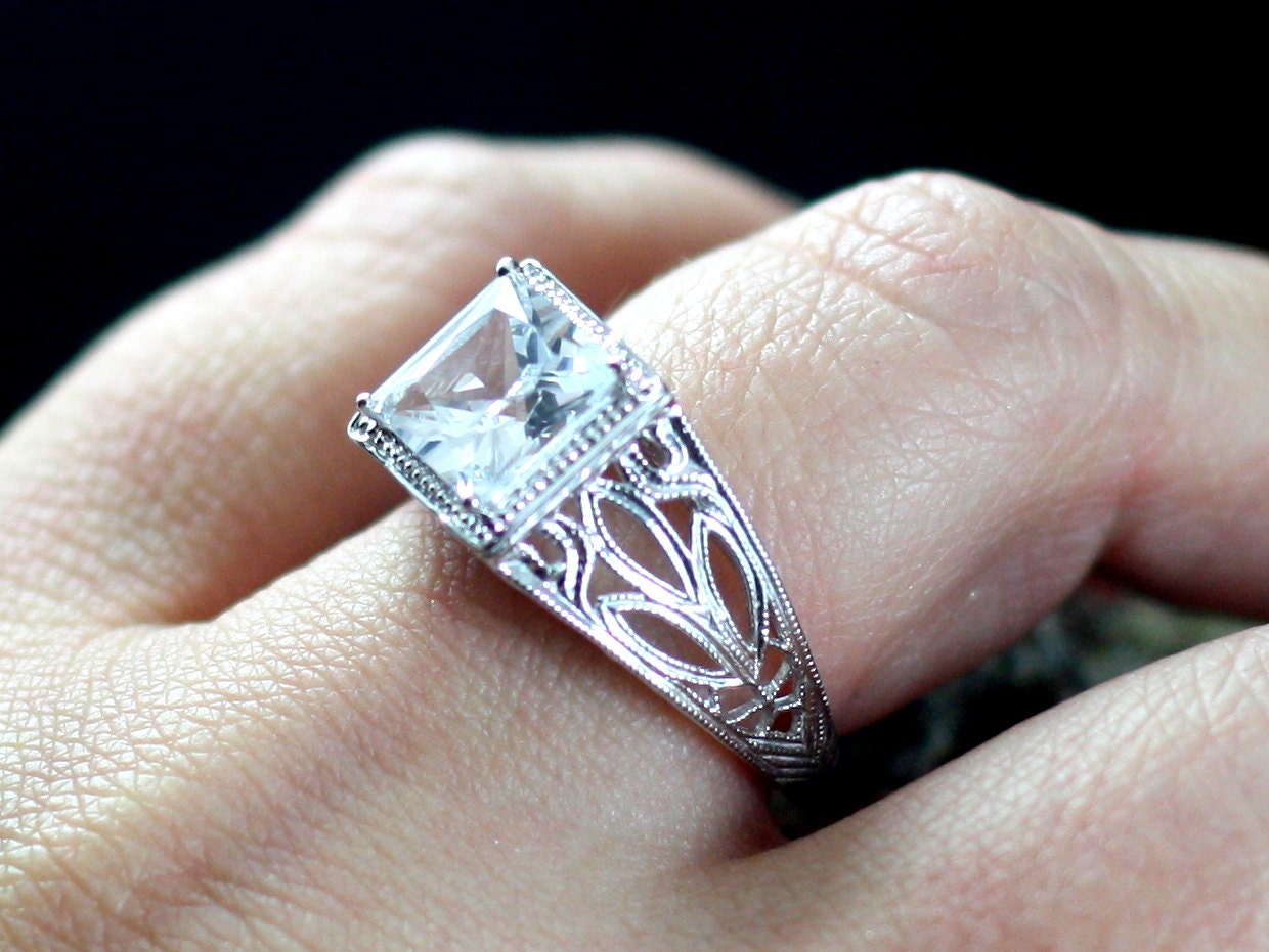 Vintage White Sapphire Engagement Ring Antique Style Filigree