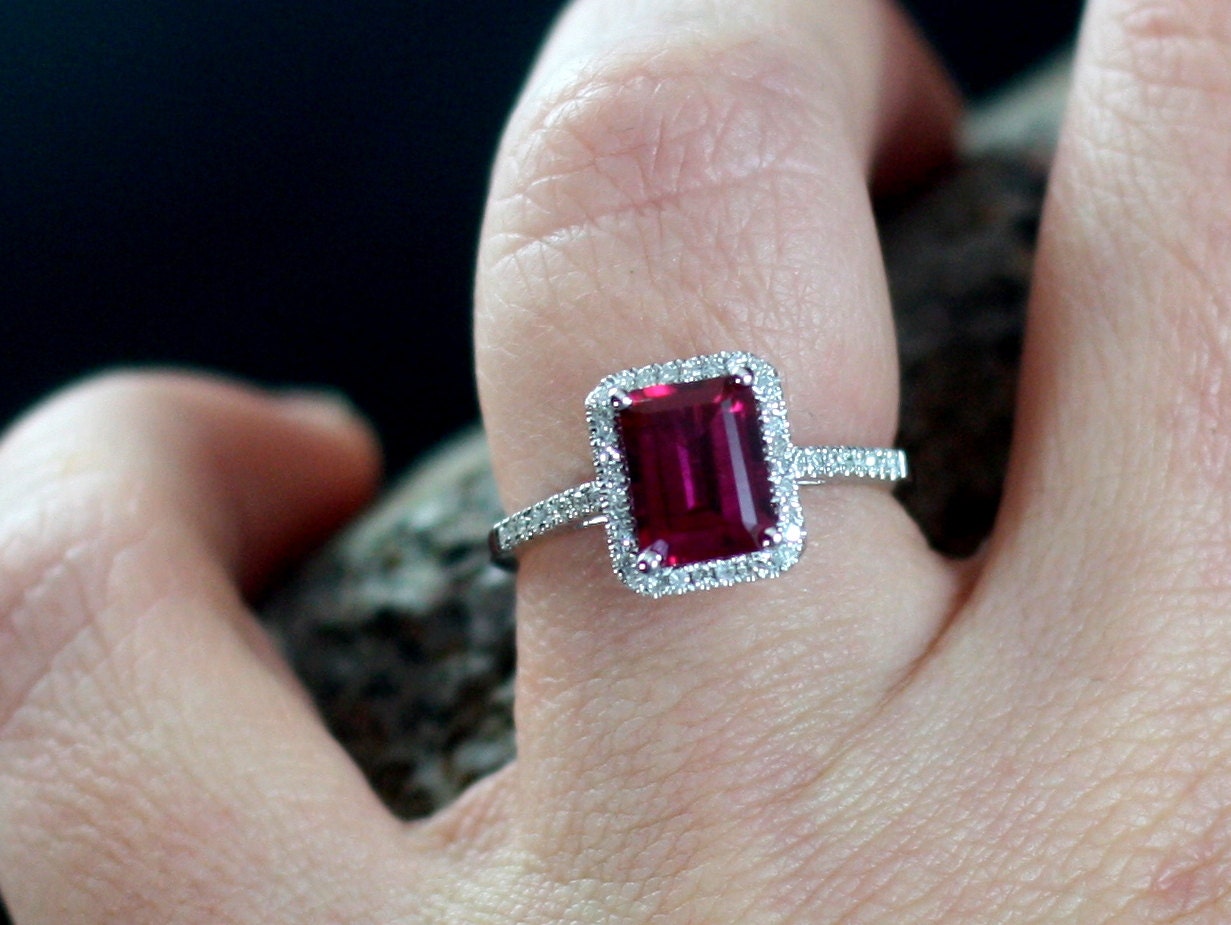 Ruby Engagement Ring Emerald cut & Diamonds Halo Ione Red 2ct