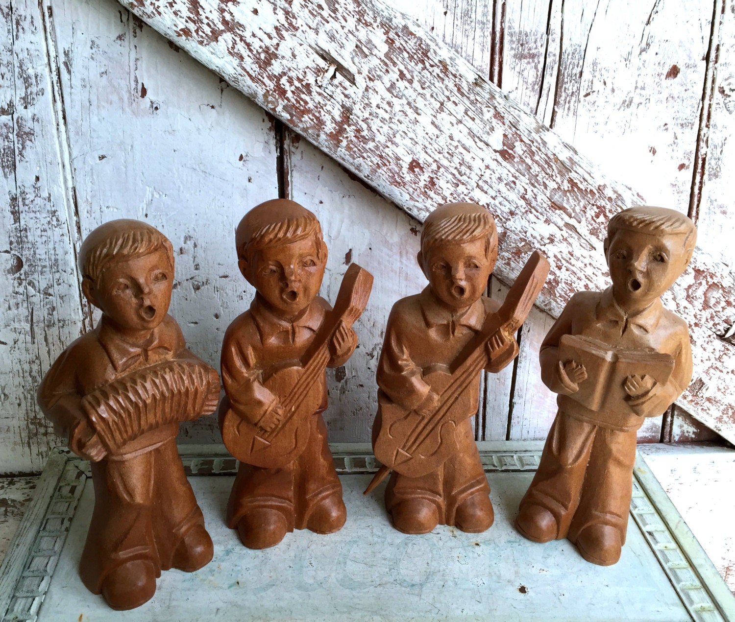 Hand carved wood musicians musical quartet figurines playing