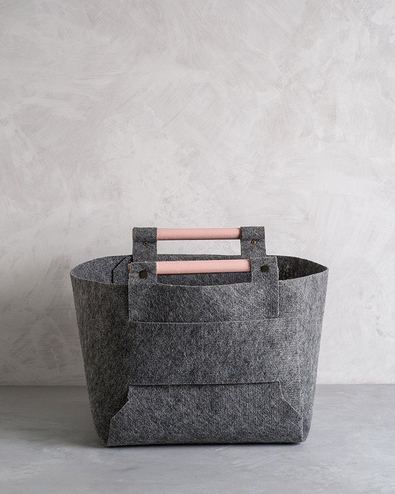 Large Felt Storage Bin with Peach Wood Handles, Felt Basket, Storage