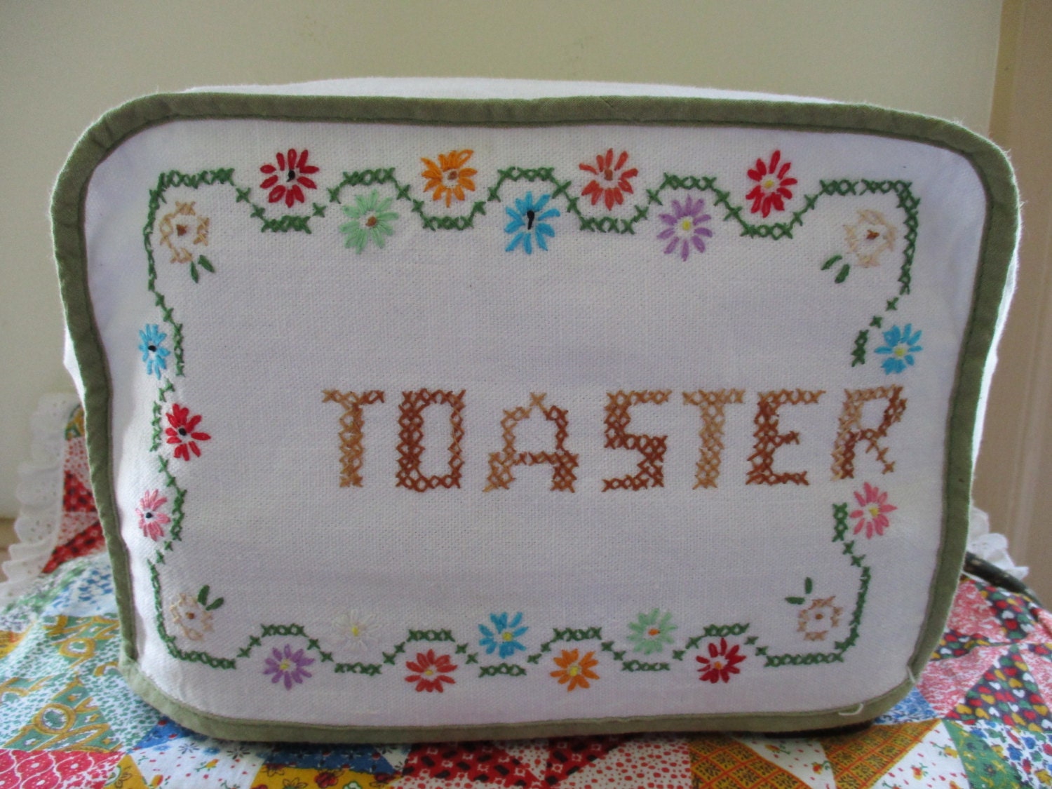 Vintage Handmade Kitchen Toaster Cover Embroidered Cotton