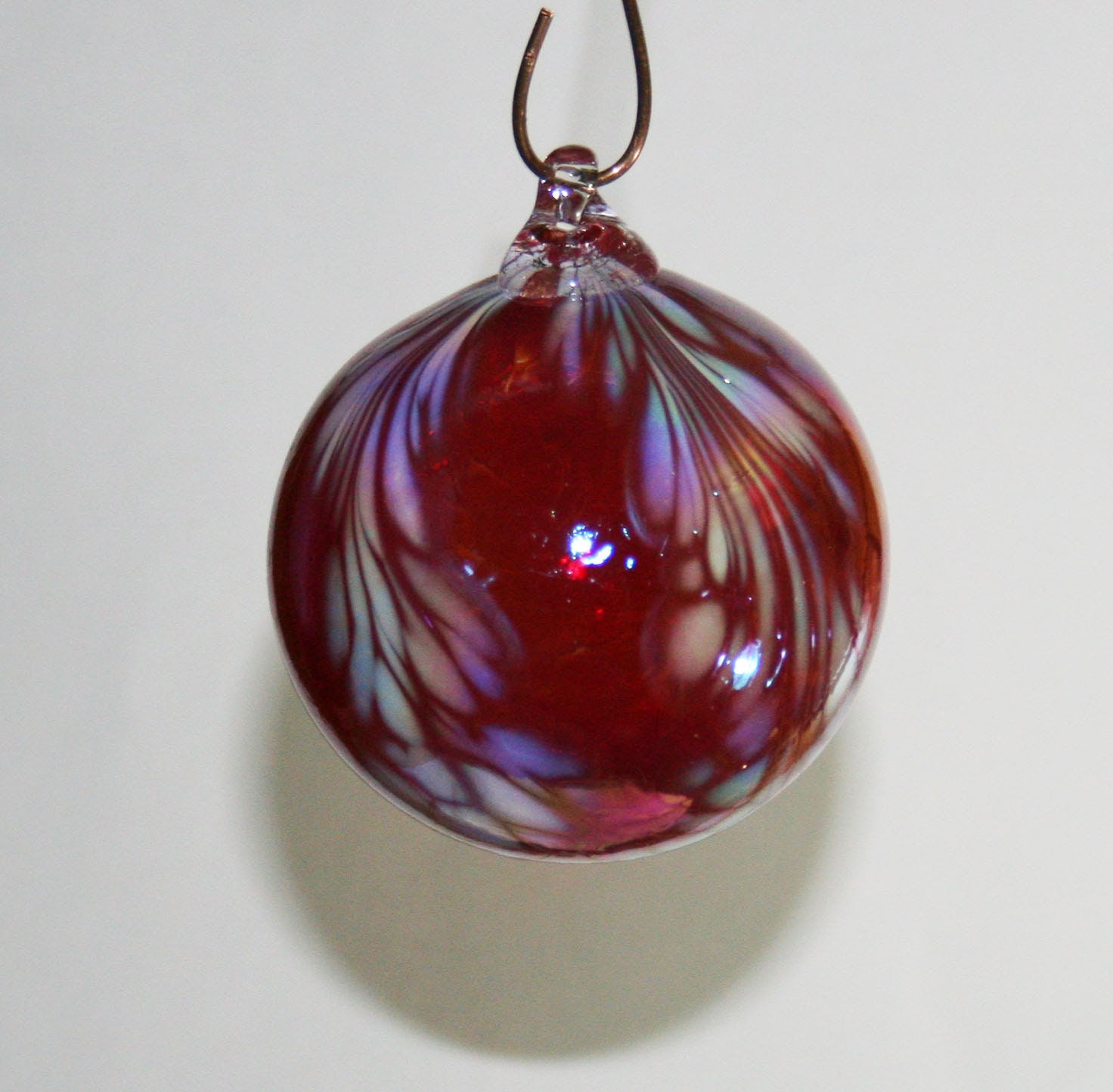 Hand Blown Glass Christmas Ornament Red with White Feathers