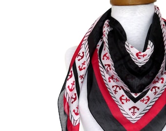 Anchor scarf, Black, Red, White, Anchor pattern Turkish Yemeni Scarf ..bridal,scarf,authentic, romantic, elegant, fashion, sailor scarf