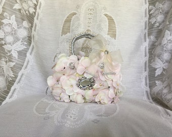 blush flower girl basket purse bouquet with brooch or flower handbag with hydrangea petals and bling is a great keepsake