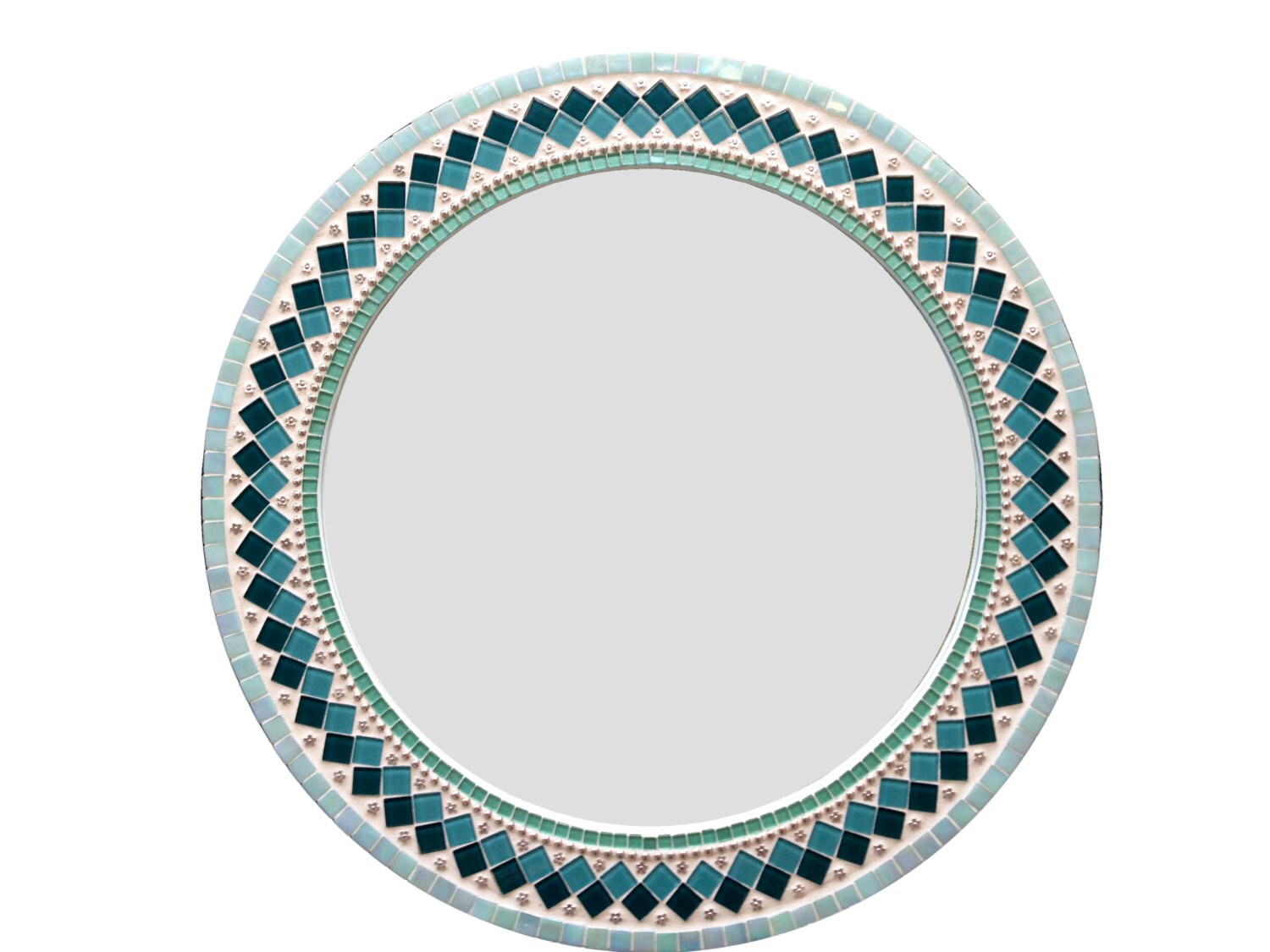 Round Silver and Teal Mosaic Wall Mirror // Mixed Media