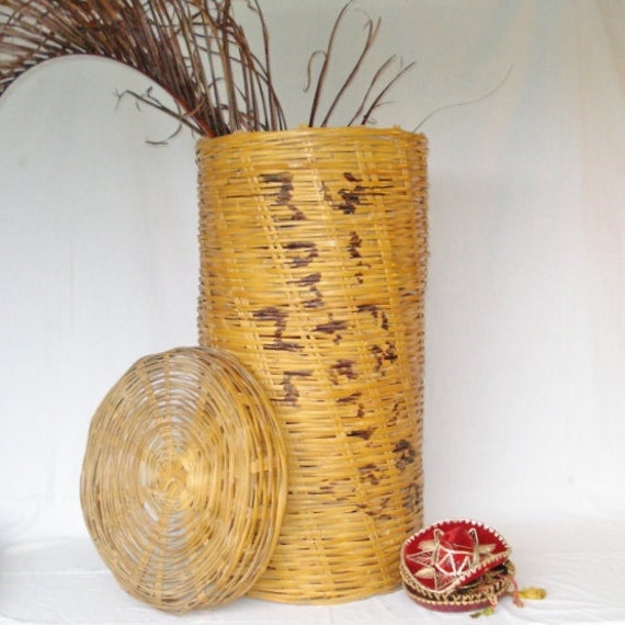 Large Vintage Woven Basket With Lid Tall by AlegriaCollection