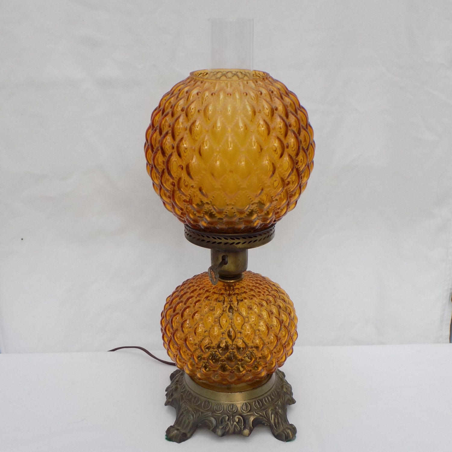Vintage Orange Amber Glass 3 Way Globe Table Lamp With
